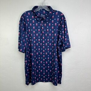LRD Performance Polo Shirt Mens XL Navy Blue All Over Print Golf Drinks Stretch